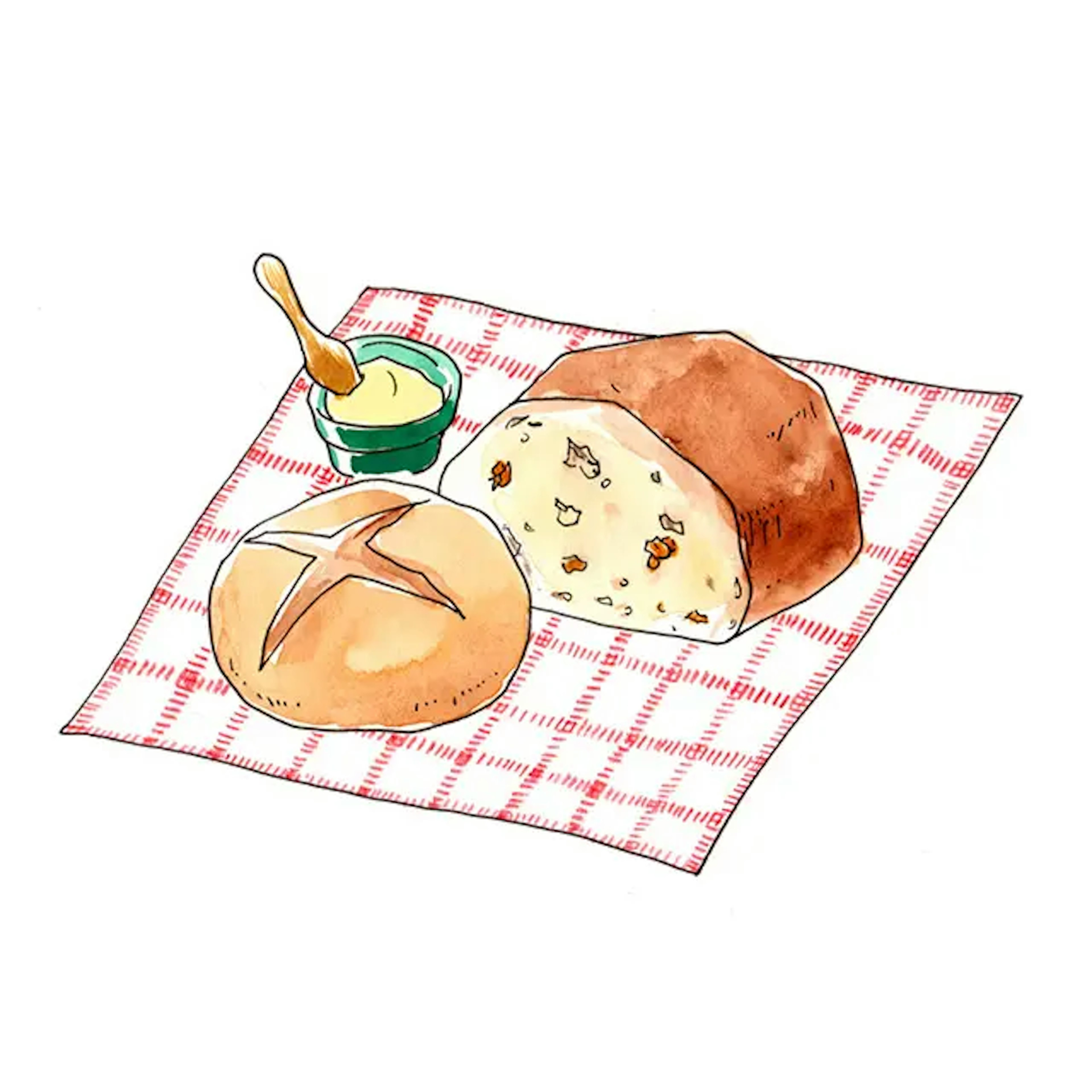 イラスト：ナプキンの上に置かれた丸いパンと、カットされた食パン、バター