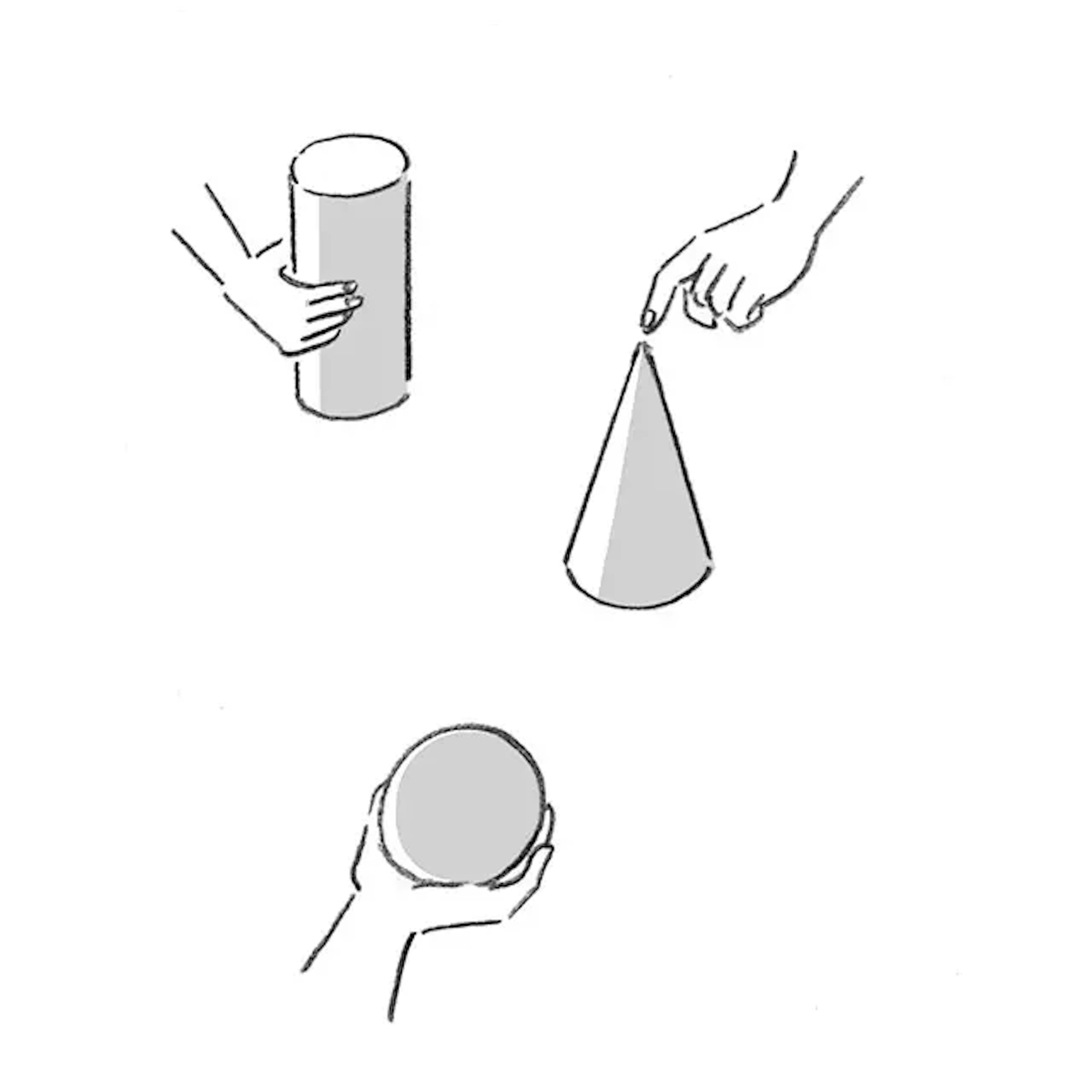 イラスト：円柱、円錐、球体にそれぞれ手が触れている