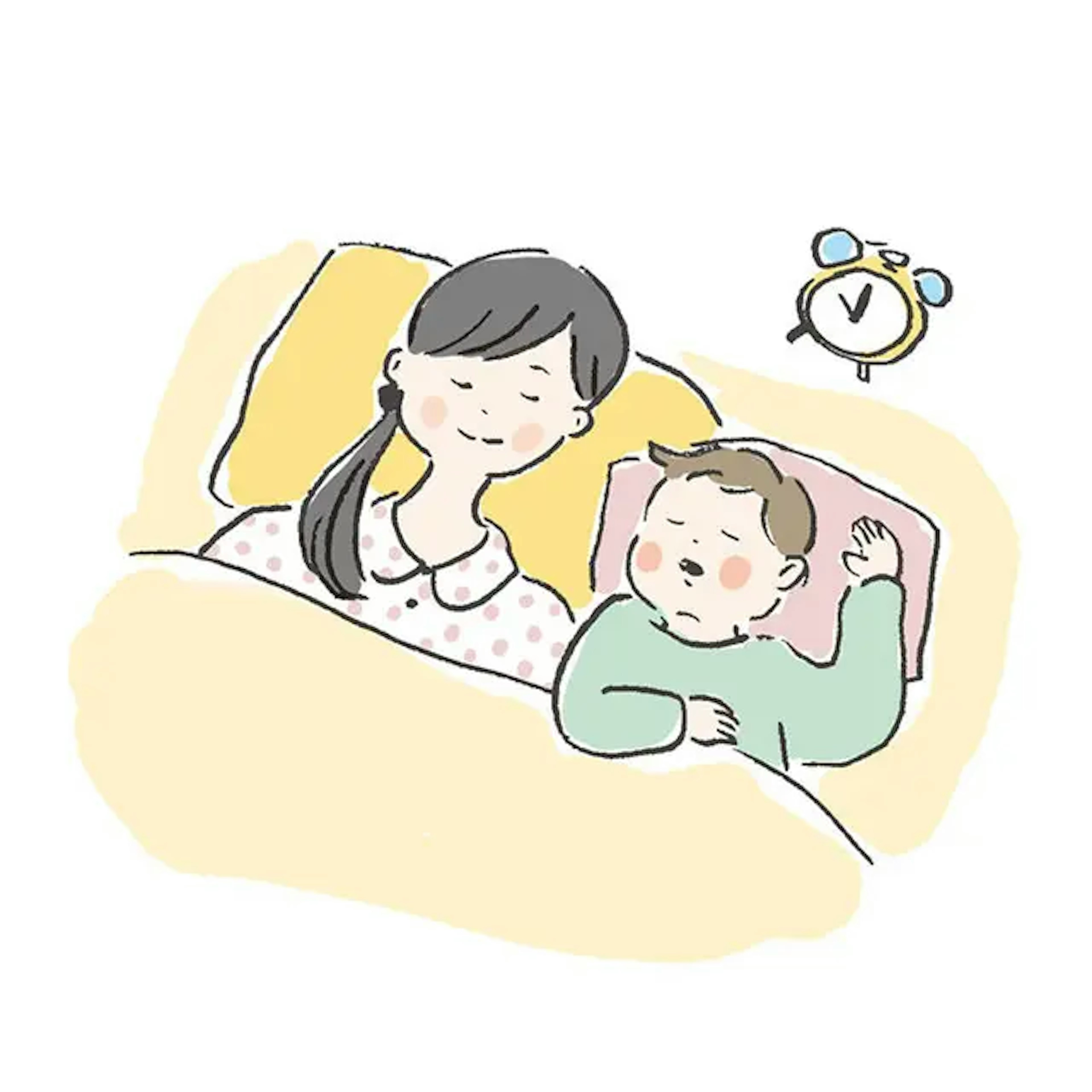 イラスト：母親と子供が布団で寝ている