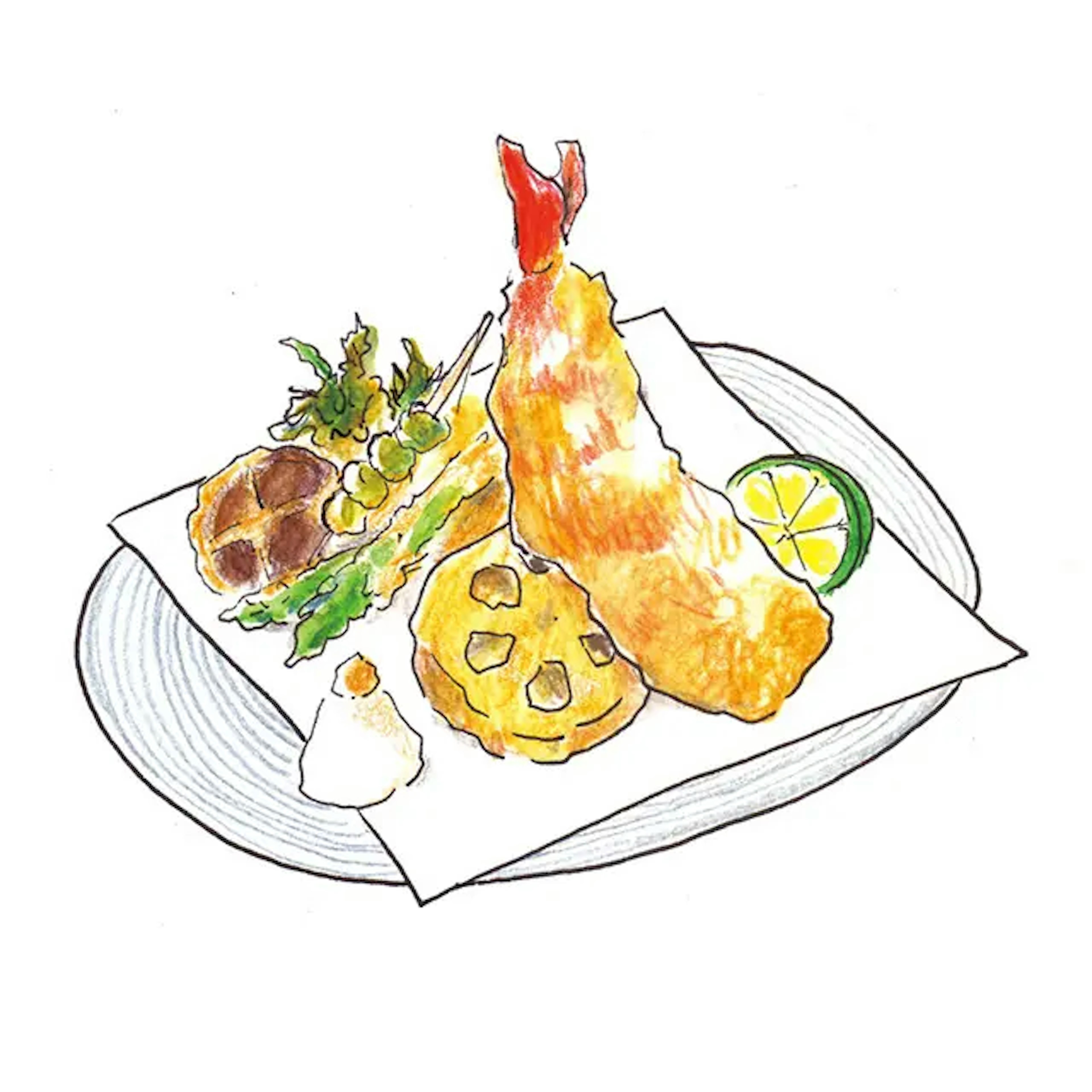 イラスト：天ぷら。エビ、レンコン、いんげん、しいたけ、山菜。かぼすと大根おろしが添えられている。