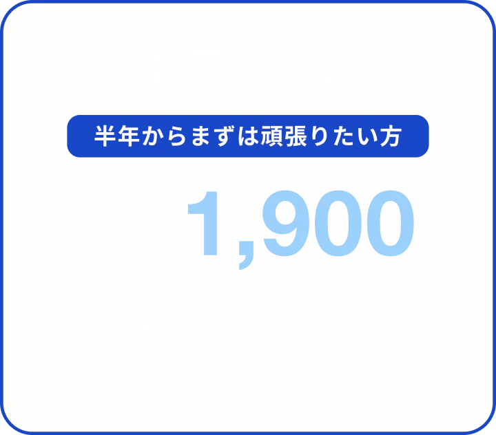 半年プラン 1ヶ月あたり1,900円 計11,400円(税込)※半年単位の自動更新