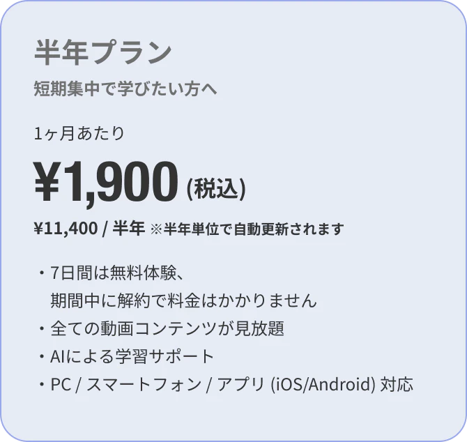 半年プラン 1ヶ月あたり1,900円 計11,400円（税込）※半年単位の自動更新