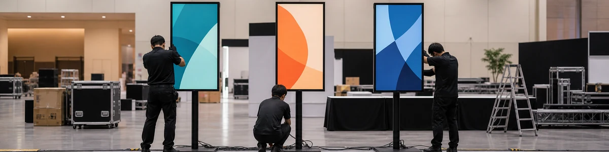 イベント会場でサイネージを設置準備するシーン