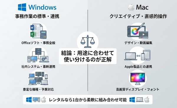 事務作業や一般的な業務に適したWindowsと、クリエイティブやデザイン業務に適したMacの比較と使い分けのポイント