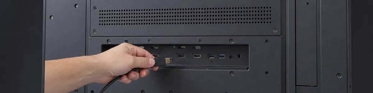 HDMIケーブルを大型ディスプレイの入力端子に接続するシーン