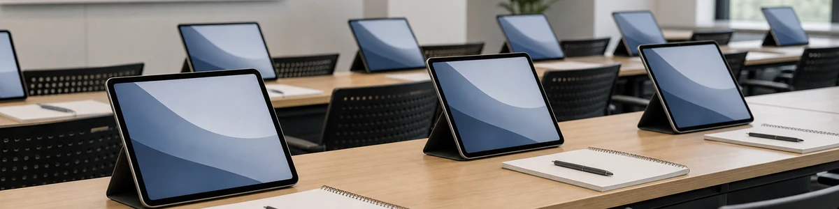 iPad風タブレットを少数台だけ研修会場で使う自然なシーン