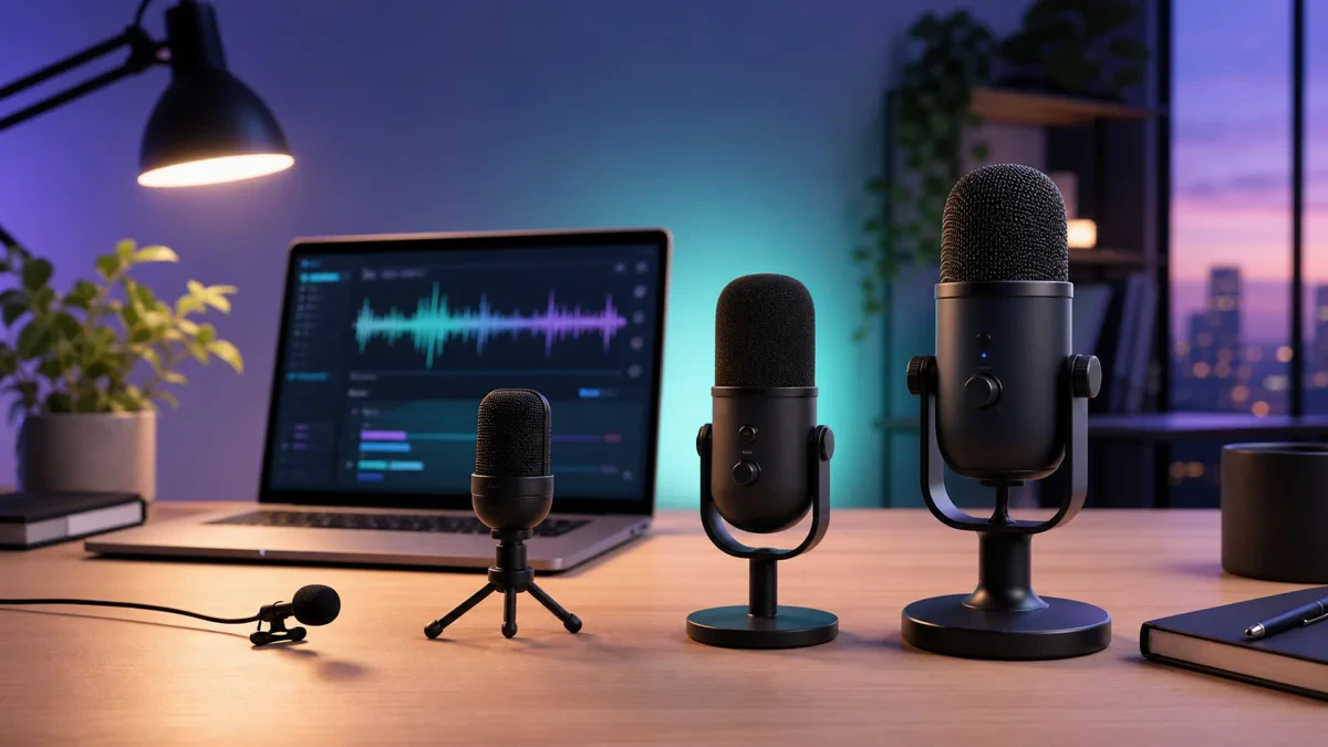 音声入力用の4種類のUSBマイクと音声波形を表示するノートPC