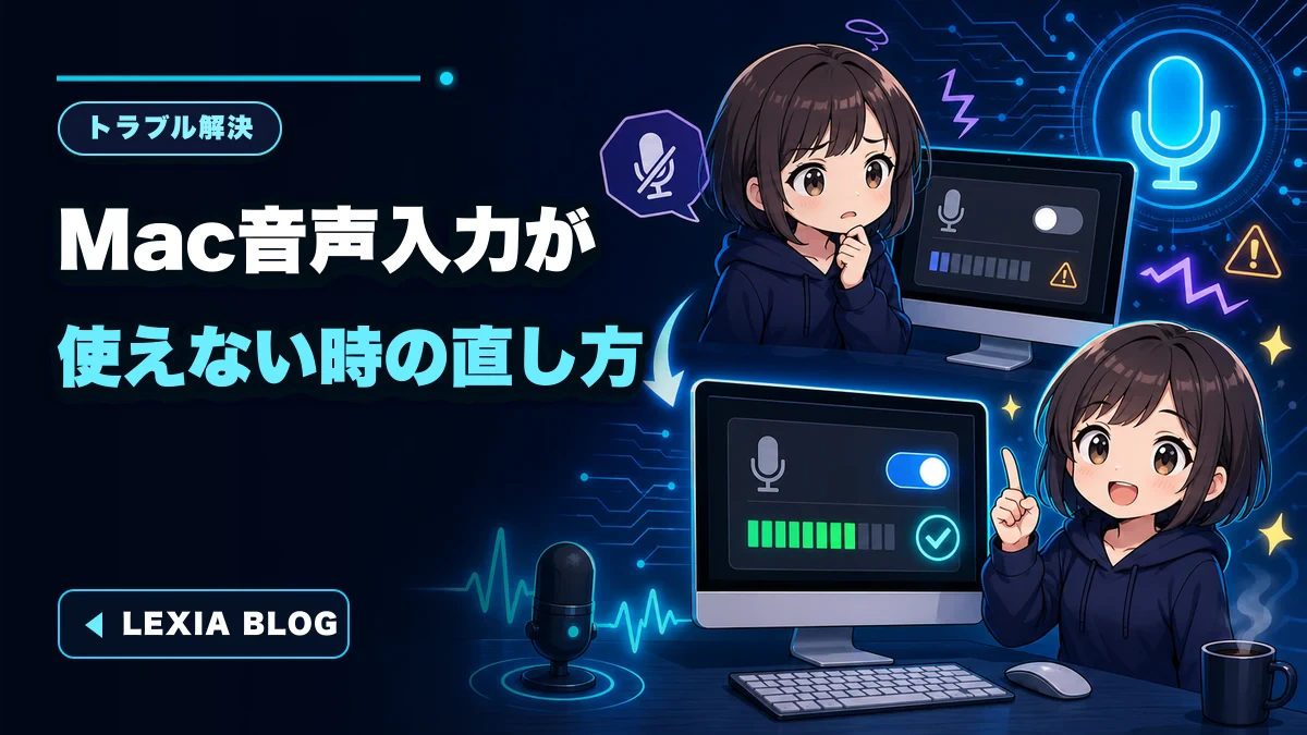Macの音声入力設定とマイク入力メーターを確認するデスク