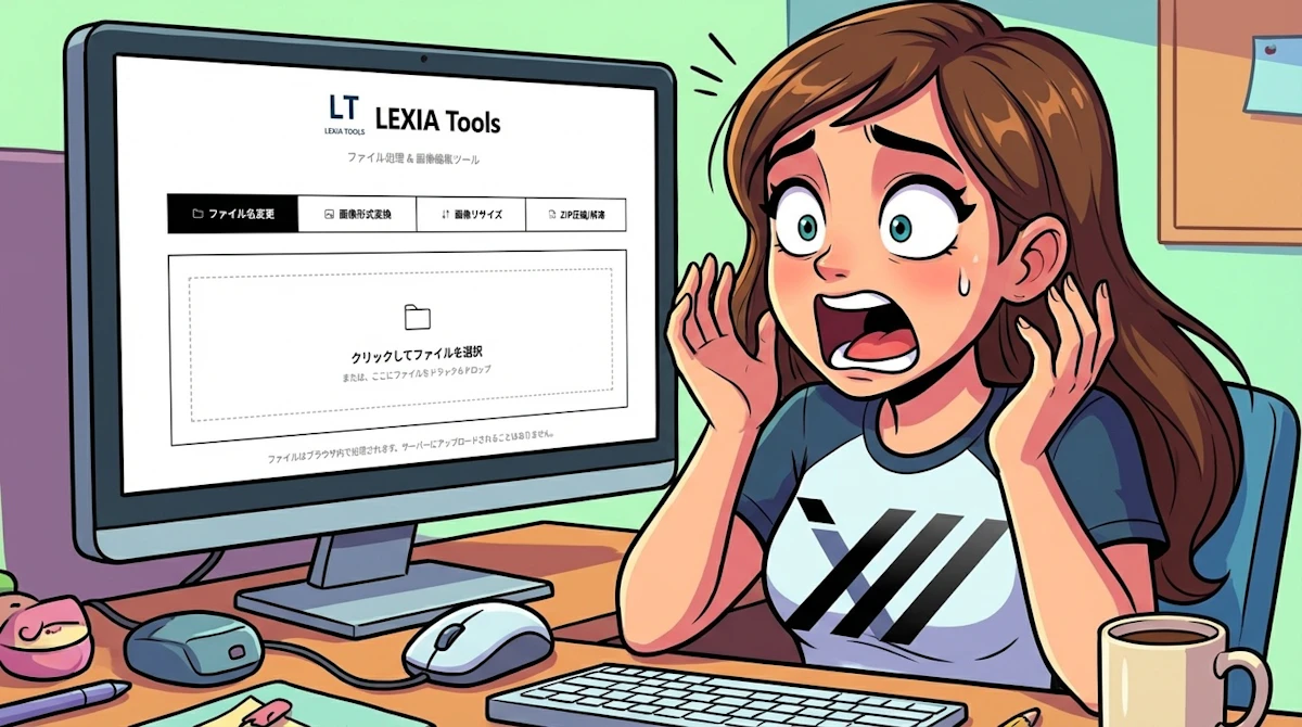 女性がLEXIA Toolsの画面を見て驚いている様子