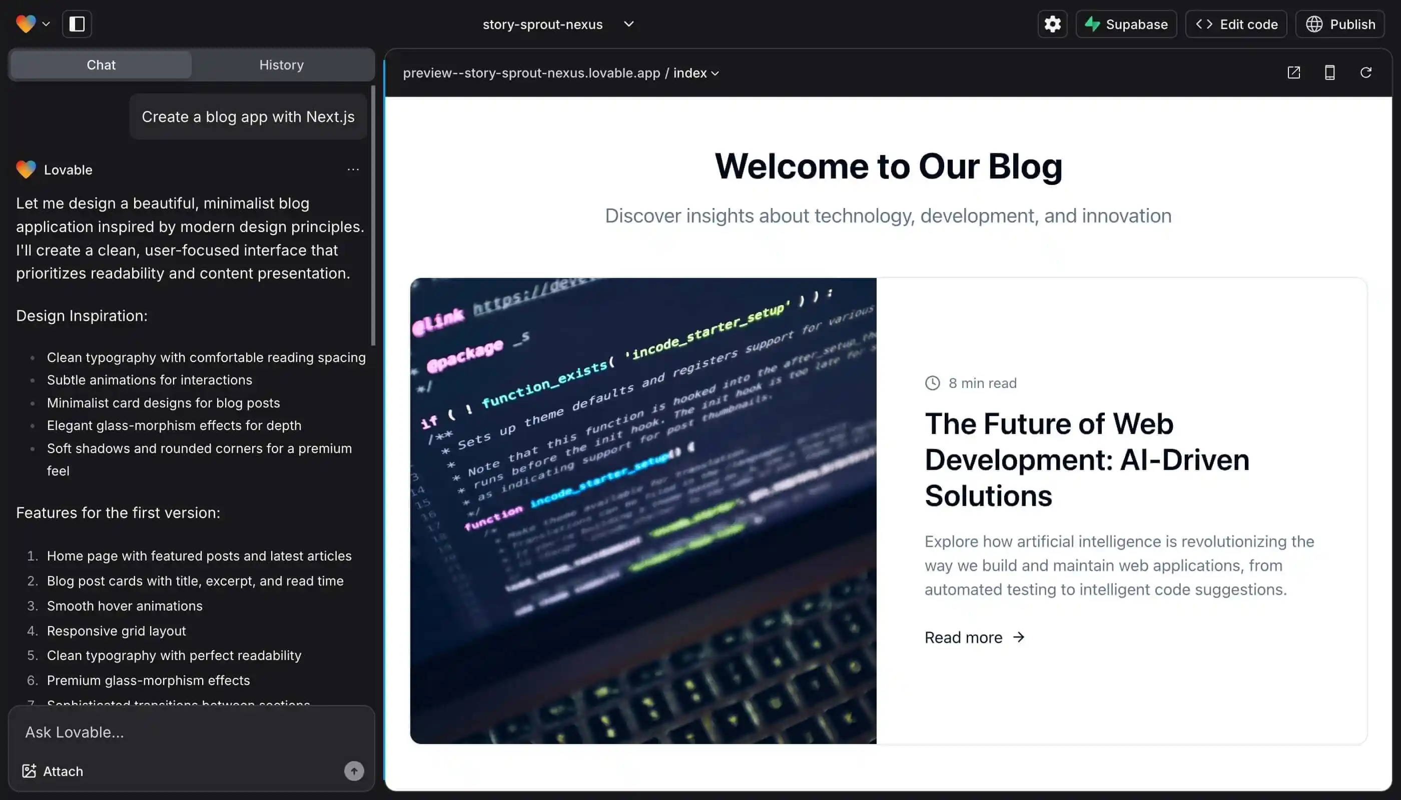 Lovable.devでAIがユーザーのアイデアをヒアリングし、アプリの要件を定義している画面