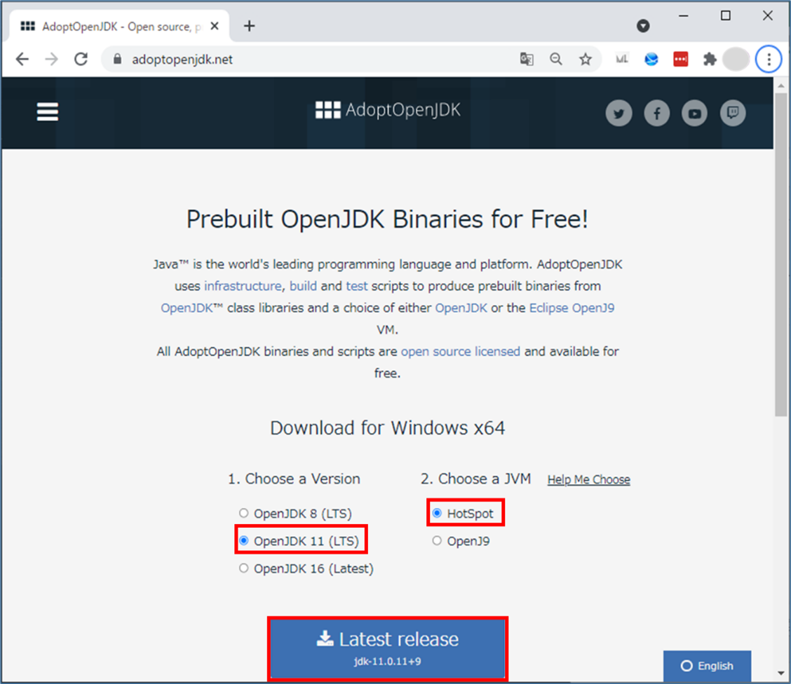 バージョンは「OpenJDK 11」を選択し、「Latest release」ボタンをクリックします。