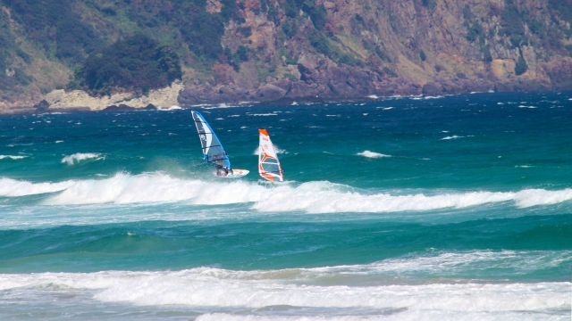 ウインドサーフィンする二人組