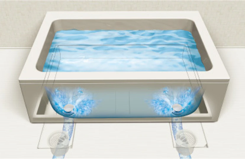 排水口を2つ設けることで排水スピードが従来品の約2倍になり、お湯の入れ替え時間を約半分に短縮