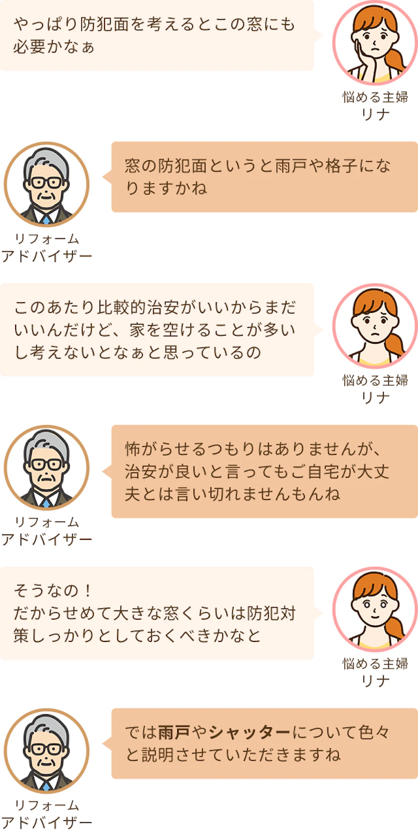 防犯面を考えて雨戸かシャッターを設置するのを悩んでいる主婦のリナと説明するアドバイザー