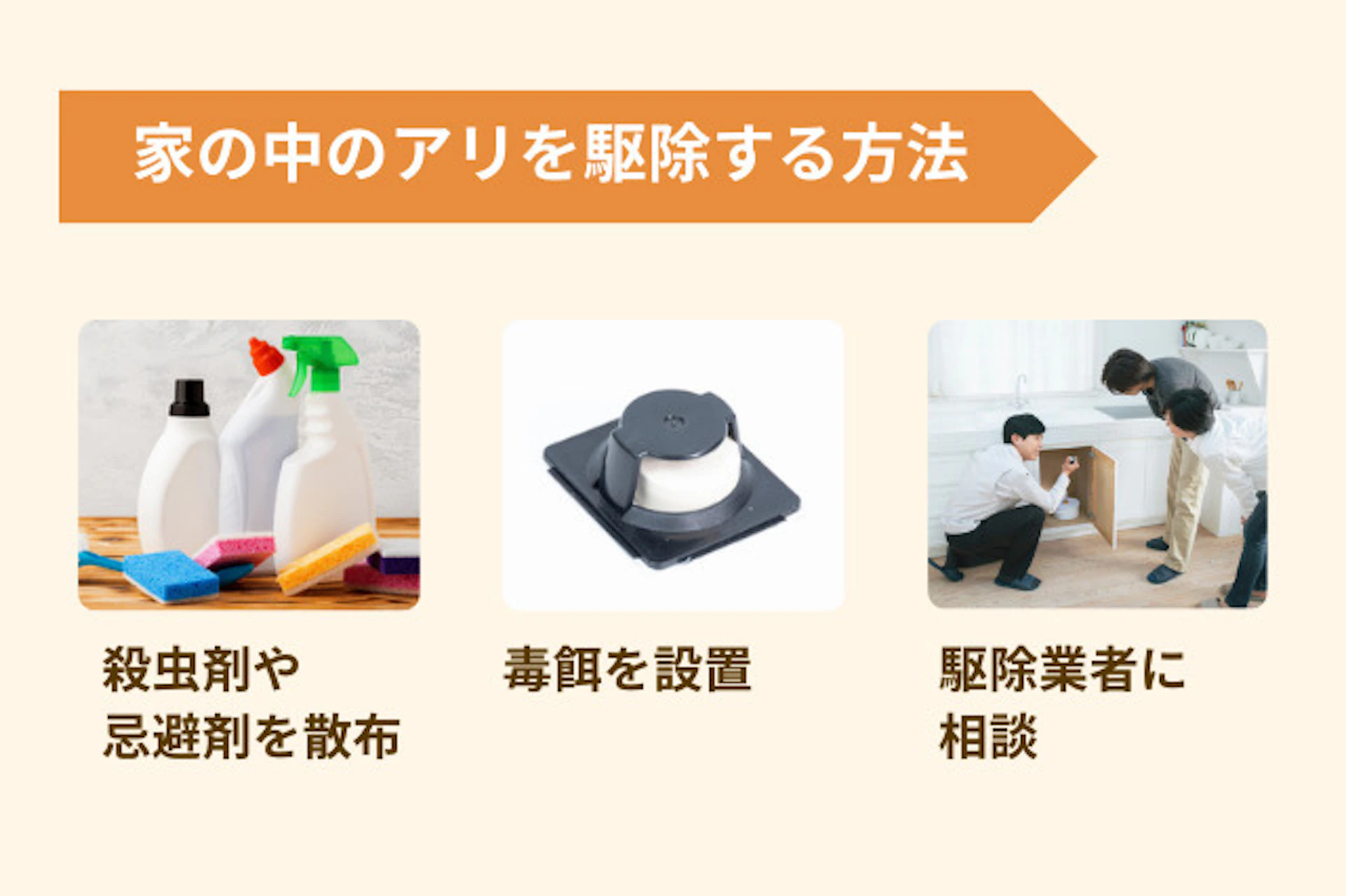 家の中にアリが発生したときの駆除方法としては、市販の駆除剤を散布する、毒餌を設置する、アリ駆除業者に相談するの3点がある