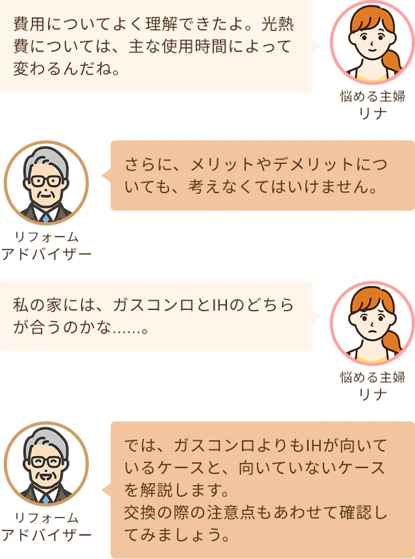 光熱費は時間帯によって変わるのか、家に合うのはどれかなというリナとメリット・デメリットについてはなすというアドバイザー
