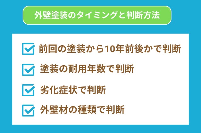 外壁塗装のタイミングと判断方法、前回の塗装から10年前後、塗装の耐用年数、劣化症状で判断、外壁材の種類で判断