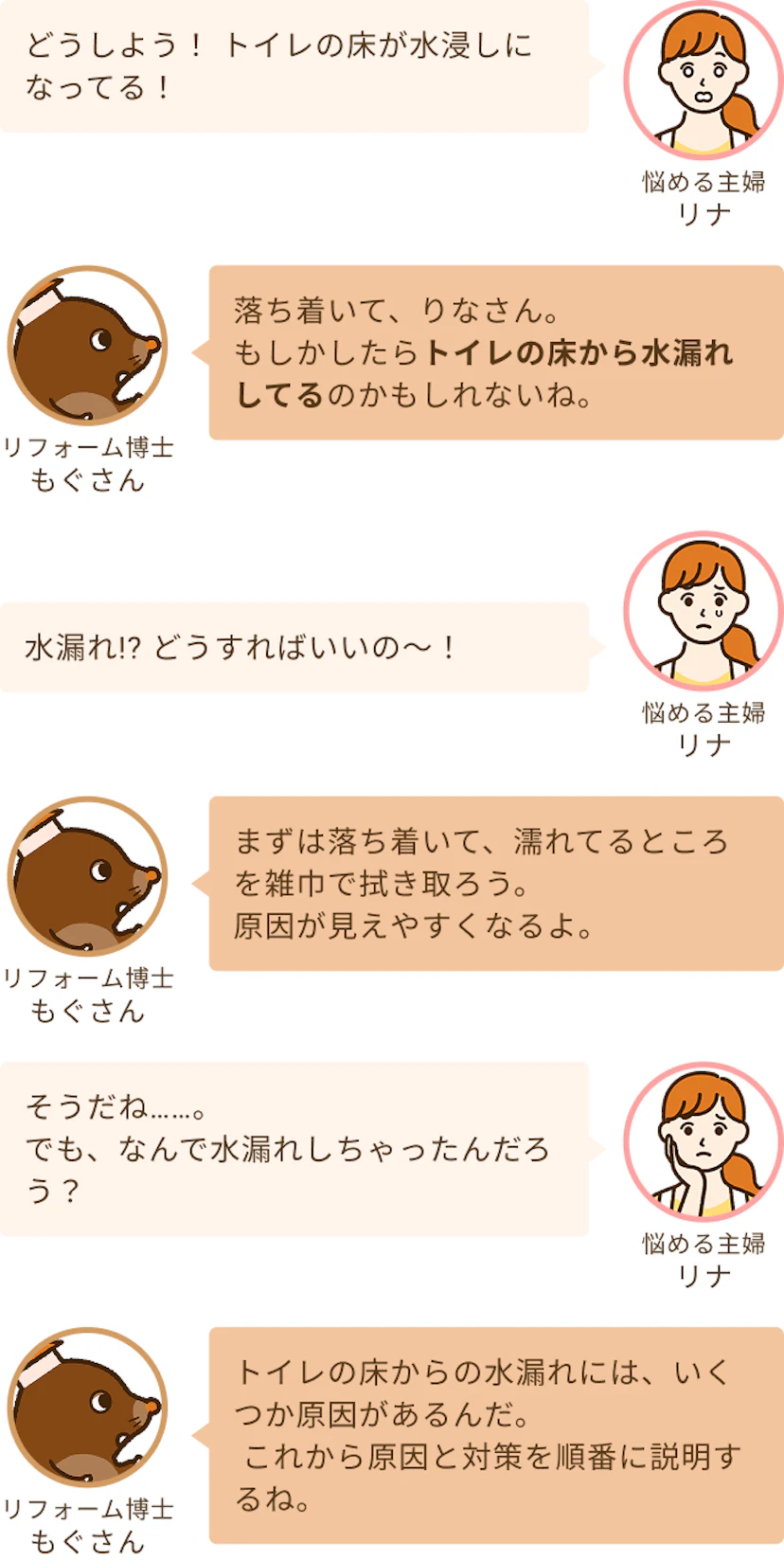 水浸しになったトイレについて相談する主婦のリナと水漏れの対応について説明すると応えるリフォーム博士のもぐさん