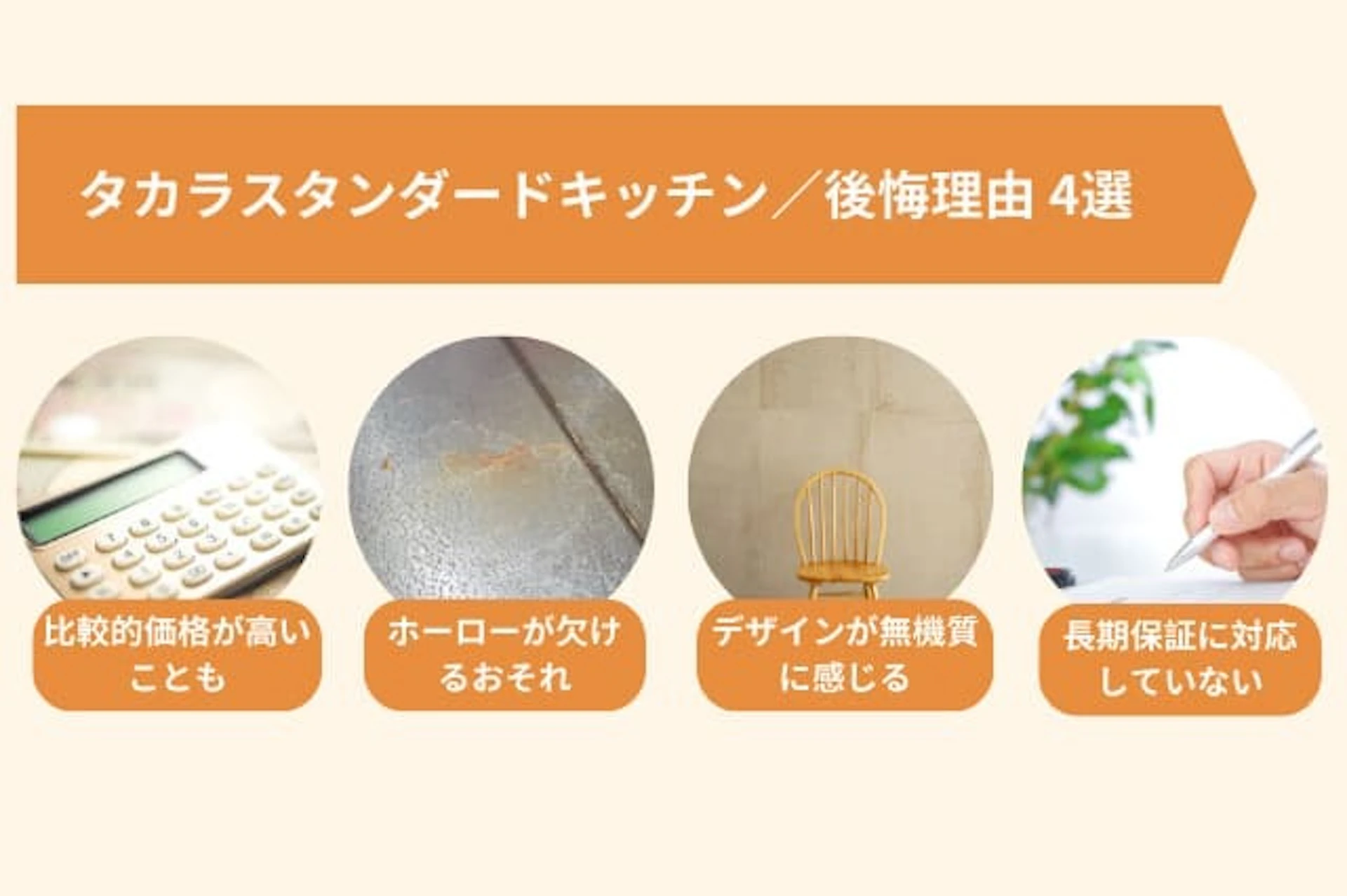 タカラスタンダードキッチン/後悔理由4選 比較的価格が高いことも、ホーローが欠けるおそれ、デザインが無機質に感じる、長期保証に対応していない