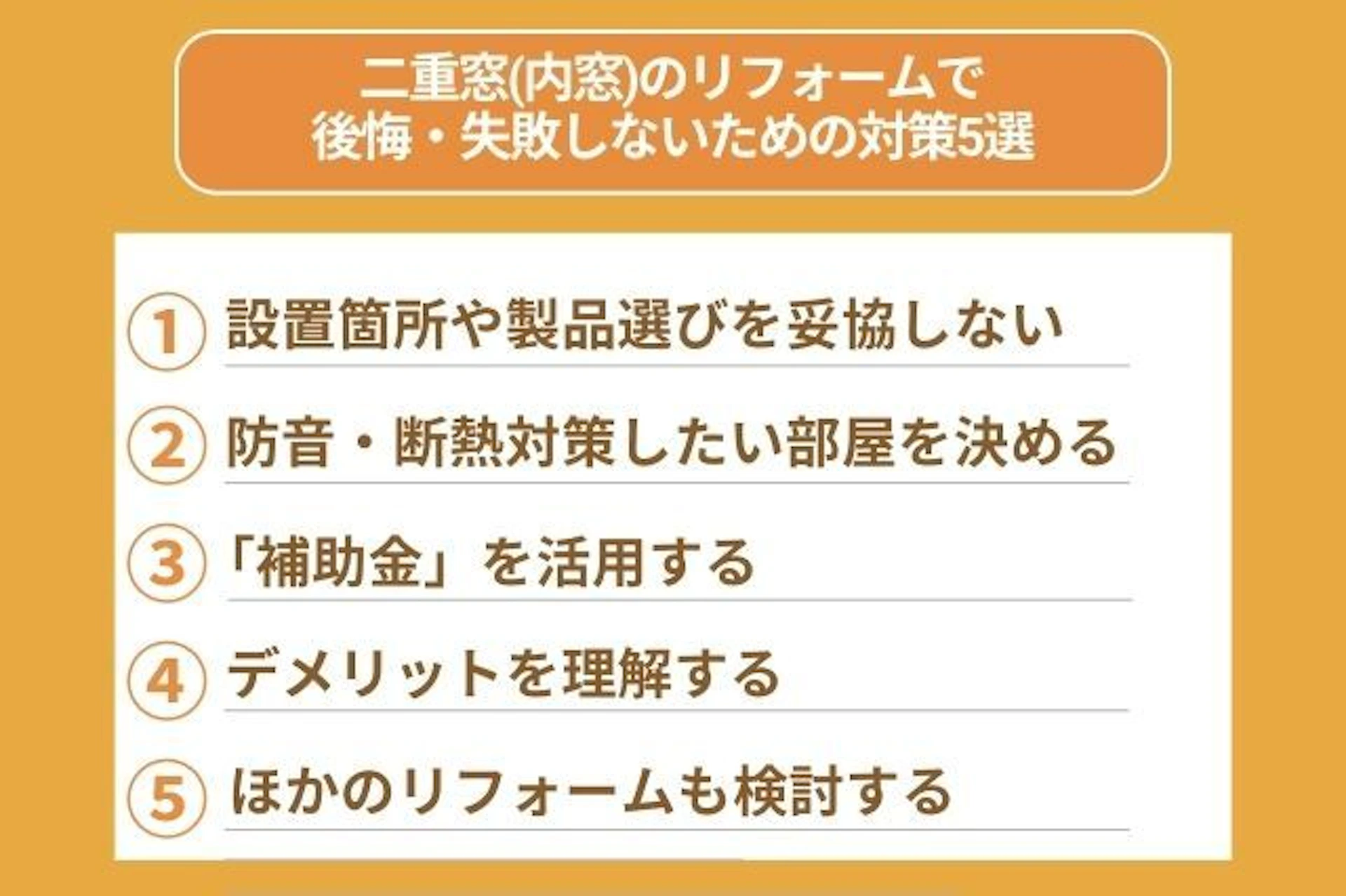 "二重窓(内窓)のリフォームで後悔・失敗しないための対策 価格を優先して、設置箇所や製品選びを妥協しない 本当に防音・断熱対策したい部屋を決める 費用を抑えるためには「補助金」を活用する デメリットを理解する ほかのリフォームも検討する