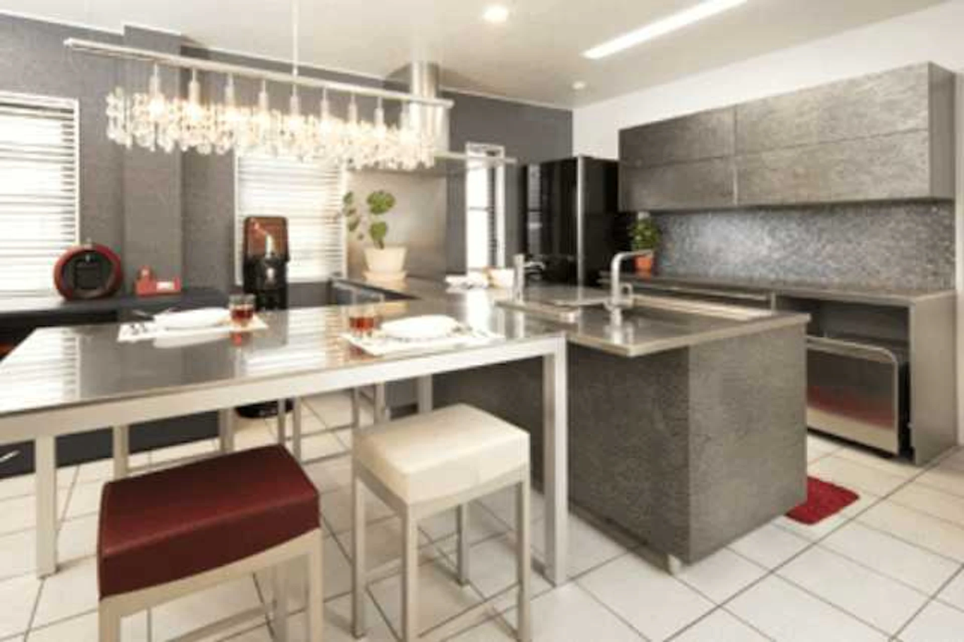 白いフロアタイルとグレー系のキッチンや家具がアクセントのダイニング