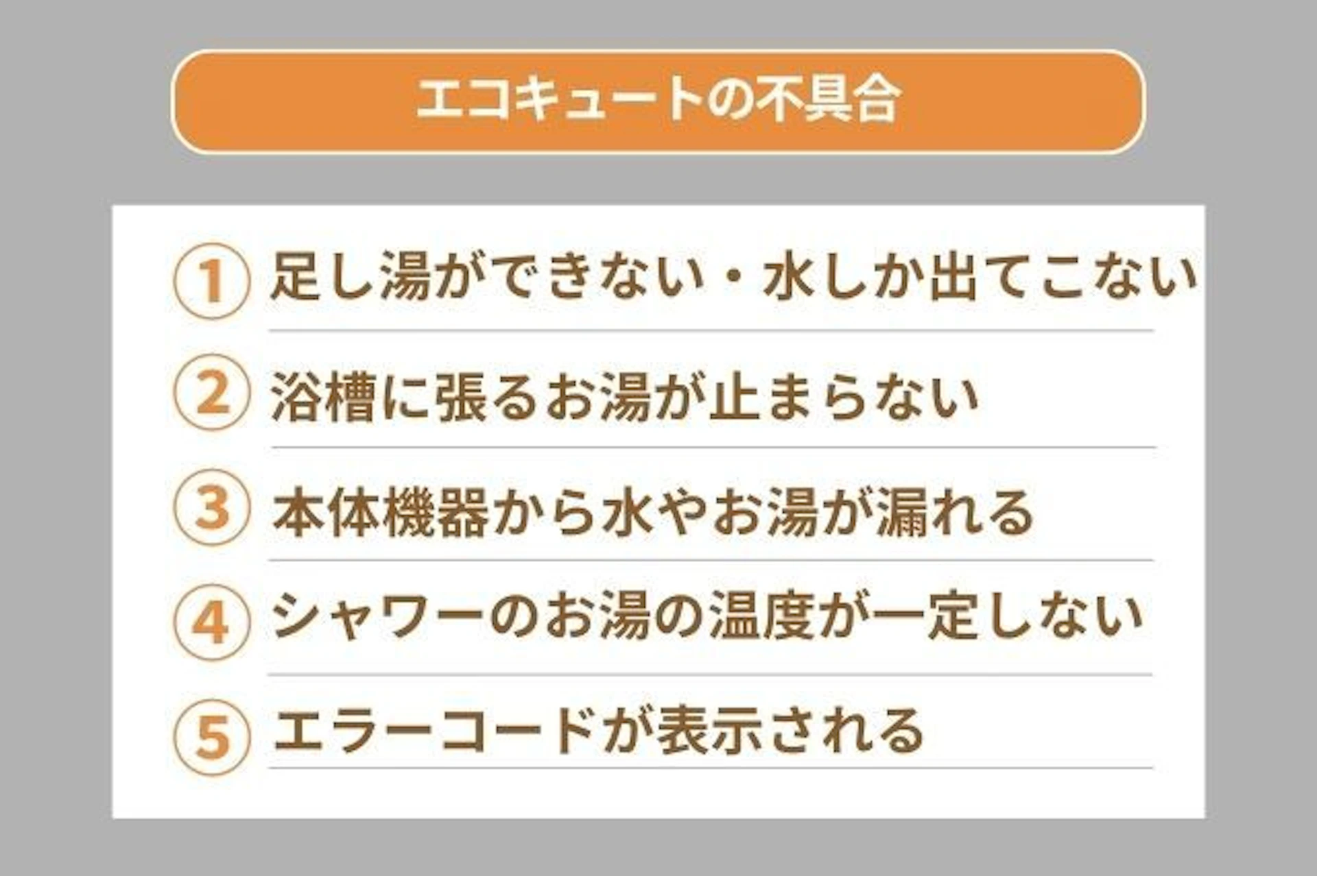 よくあるエコキュートの故障や不具合 足し湯ができない・水しか出てこない 浴槽に張るお湯が止まらない 本体機器から水やお湯が漏れる シャワーのお湯の温度が一定しない エラーコードが表示される
