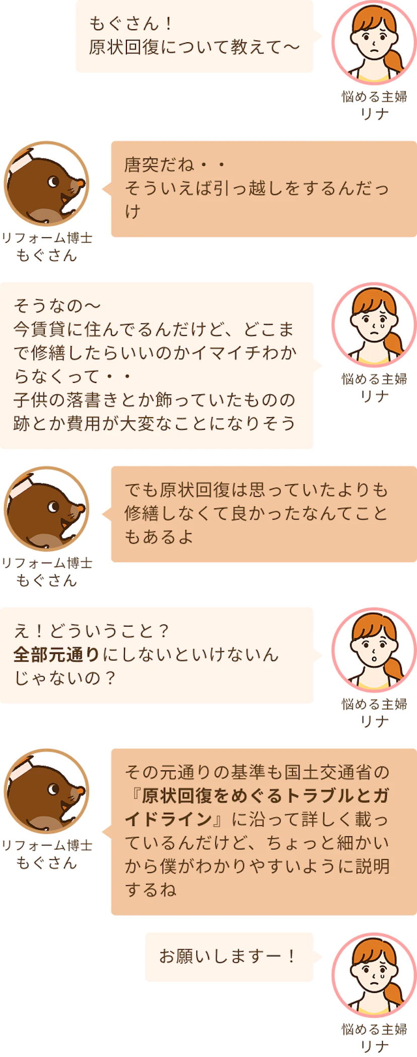 原状回復について質問する主婦とリフォーム博士のもぐさん