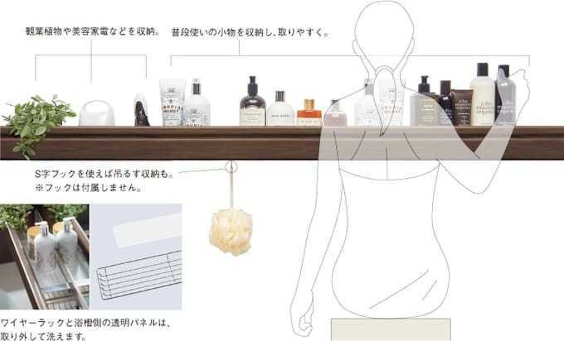 特徴の一つが手すりと棚を一つにした「おきラク手すり」。