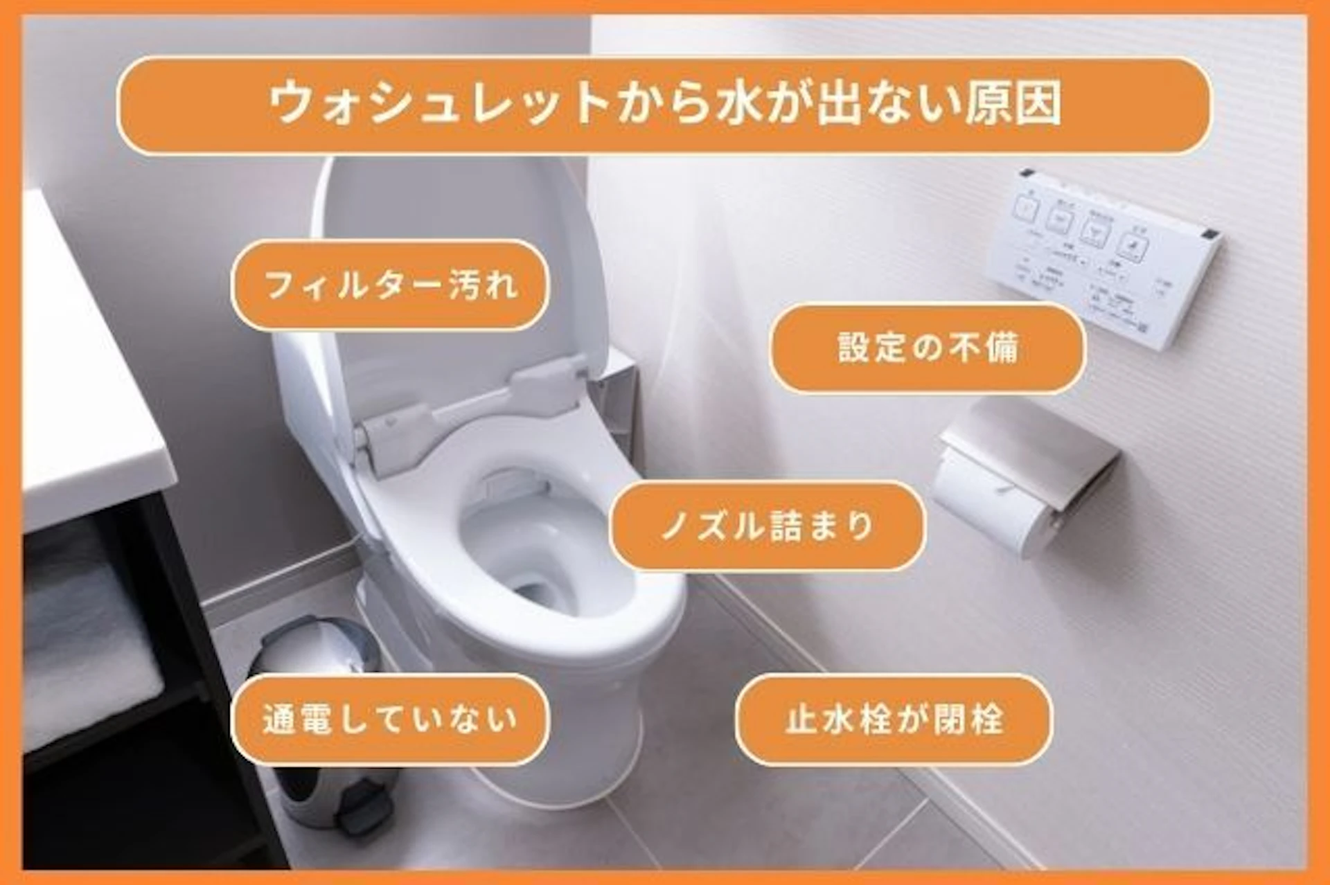 ウォシュレットから水が出ない原因としては、フィルター汚れ、ノズル詰まり、通電していない、止水栓が閉栓、設備不備がある。