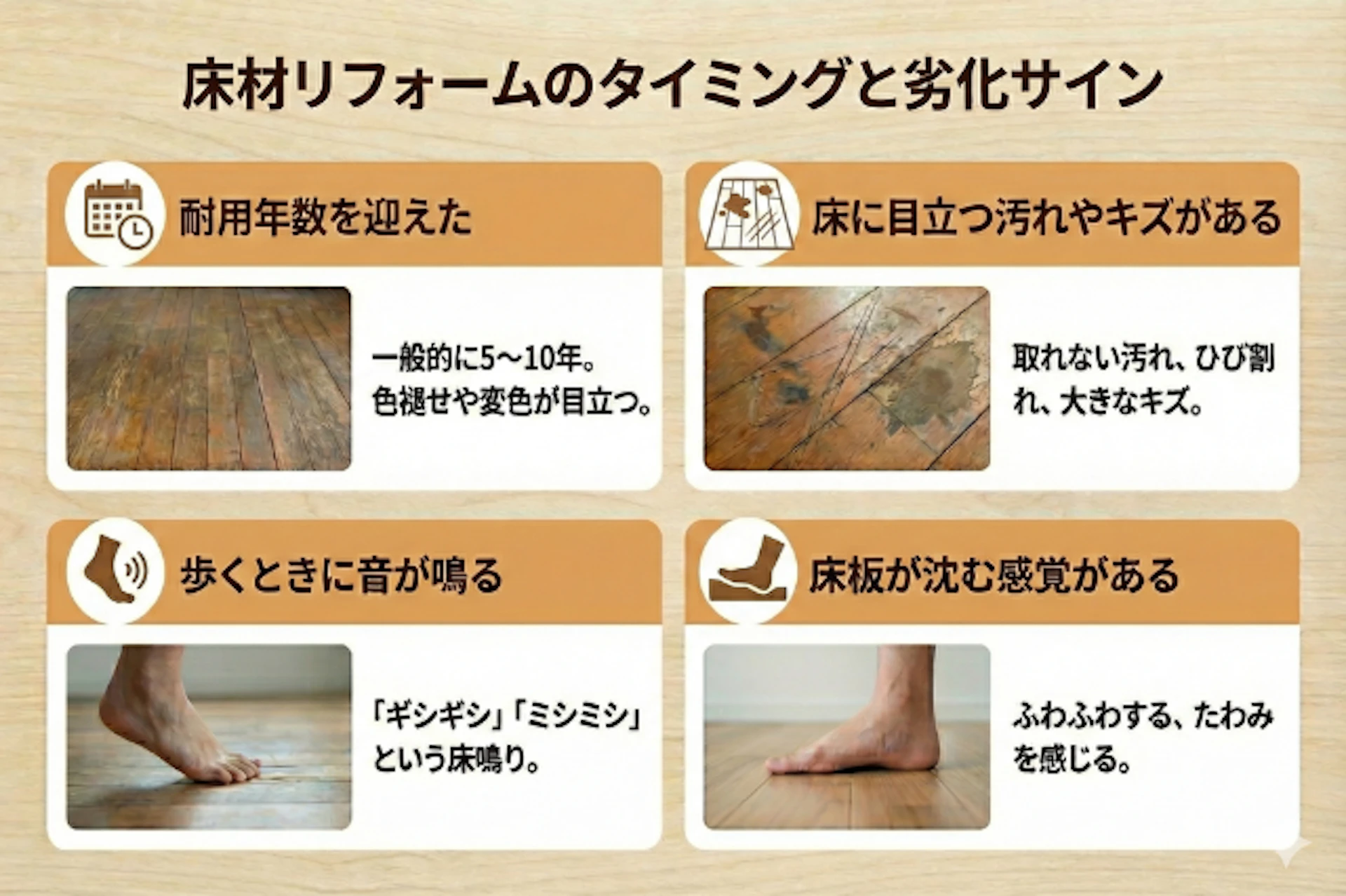 【床材別】リフォームのタイミングと劣化サイン