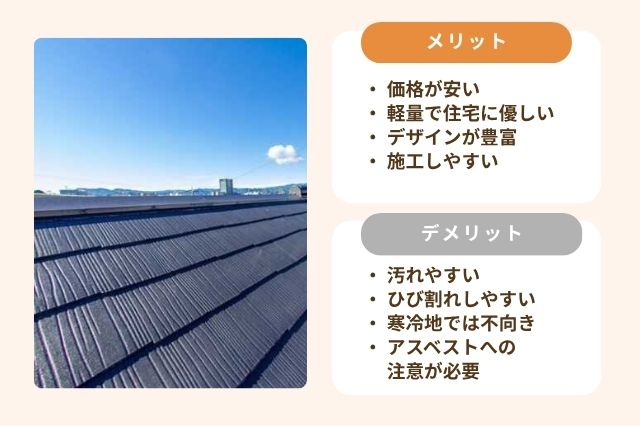 コロニアル屋根のメリットとデメリット ・ 価格が安い ・ 軽量で住宅に優しい ・ デザインが豊富 ・ 施工しやすい ・ 汚れやすい ・ ひび割れしやすい ・ 寒冷地では不向き ・ アスベストへの注意が必要