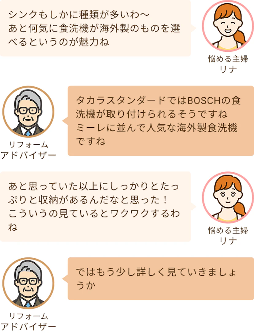シンクの種類が多いのと海外食洗機の取り扱いがあるのがいいという主婦のりなとタカラではBOSCHの取り扱いがありますというアドバイザー