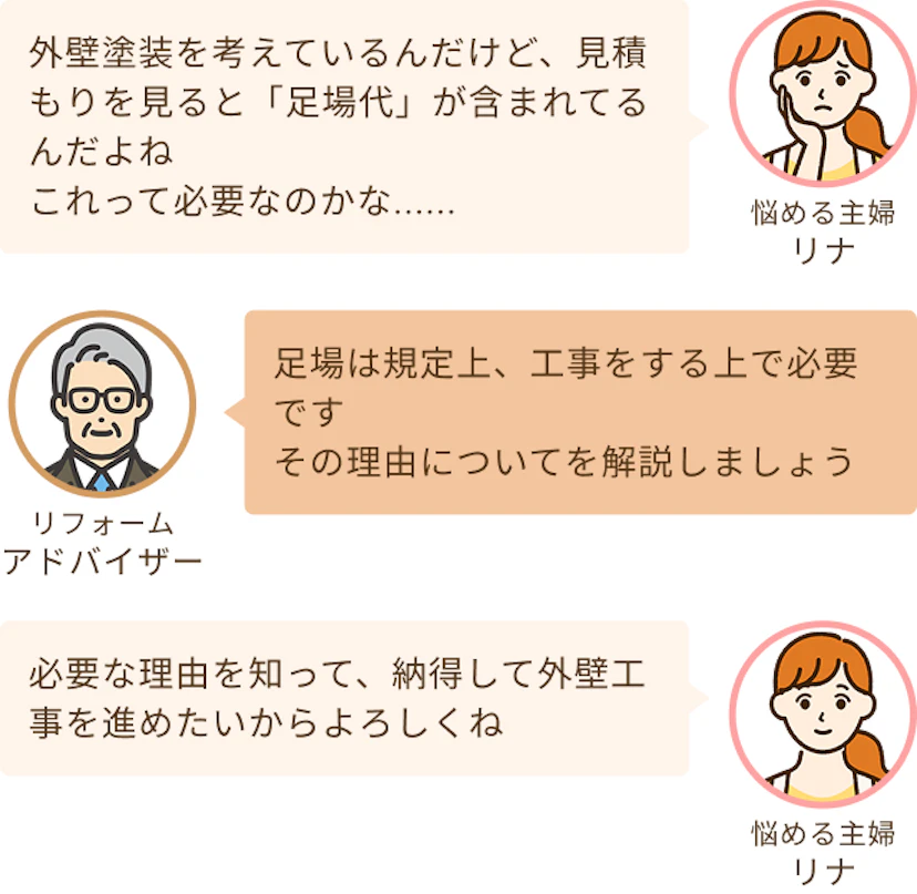 外壁塗装について知りたいけど足場代がついていることが気になる主婦リナと工事をする上では必要になるので解説しましょうというアドバイザー