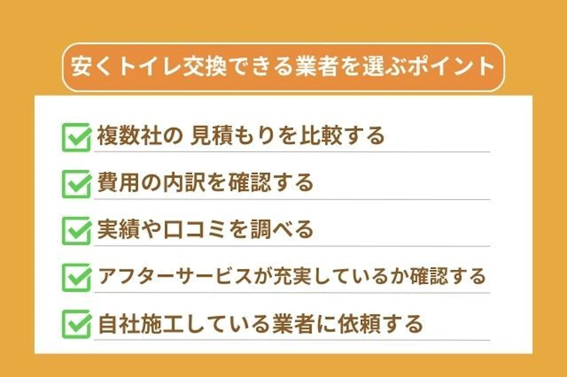 安くトイレ交換できる業者を選ぶポイントは複数社者の 見積もりを比較する、費用の内訳を確認する、実績や口コミを調べる、アフターサービス・保証内容が充実しているか確認する、自社施工している業者に依頼するなどがあげられる。