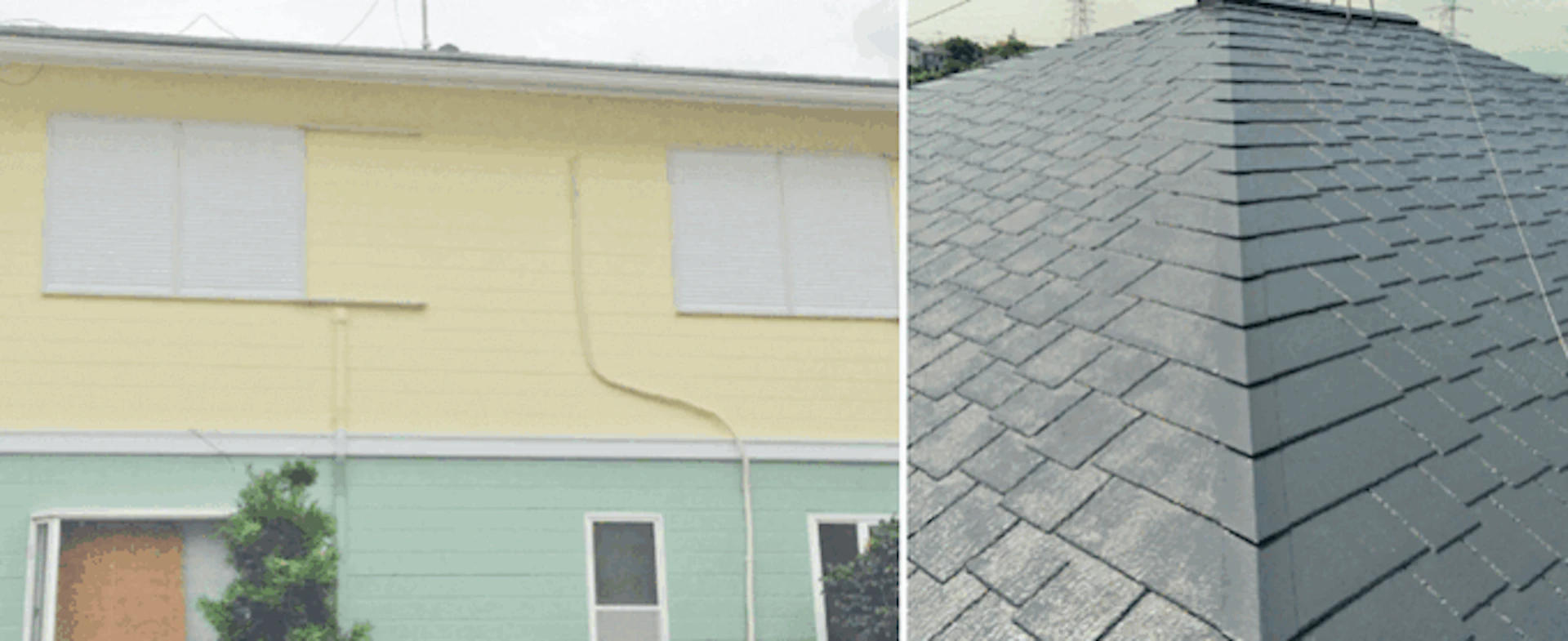 ペールイエローとミント色の個性的な外壁の空宅とグレーの屋根