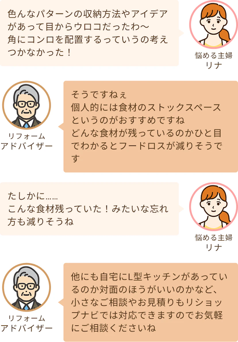 L型キッチンのコーナーの使い方について話がはずむ二人