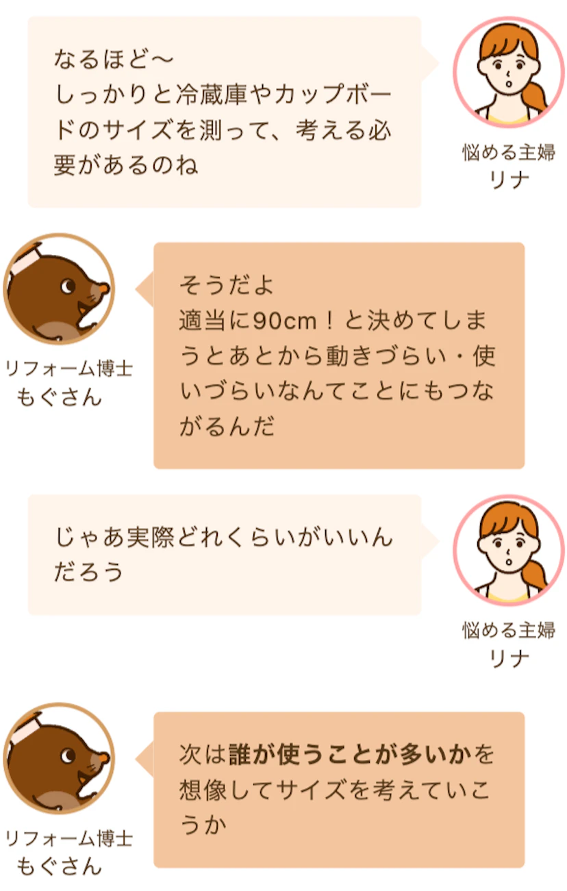 キッチンの通路幅について相談する悩める主婦リナと相談にのるリフォーム博士もぐさん