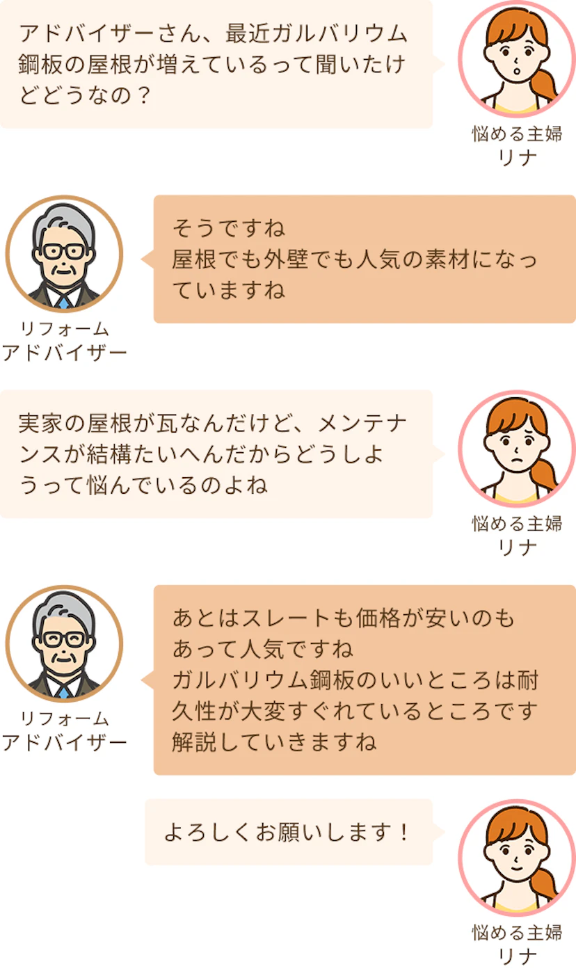 最近屋根でガルバリウム鋼板が人気と聞いたけど本当と聞く主婦のリナと屋根も外壁も人気が出てきているというアドバイザー