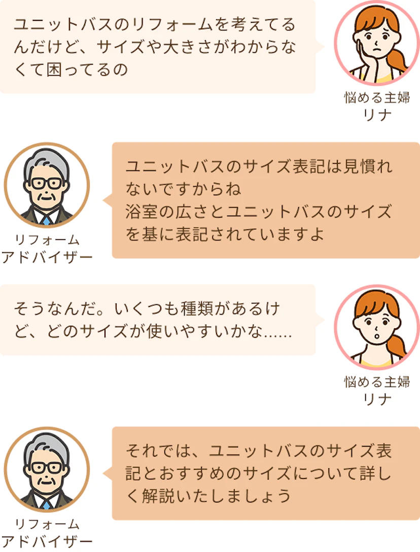 ユニットバスのリフォームを考えているけどサイズがわからなくて困っているという主婦リナとユニットバスのサイズ表記とおすすめのサイズについて解説するというアドバイザー