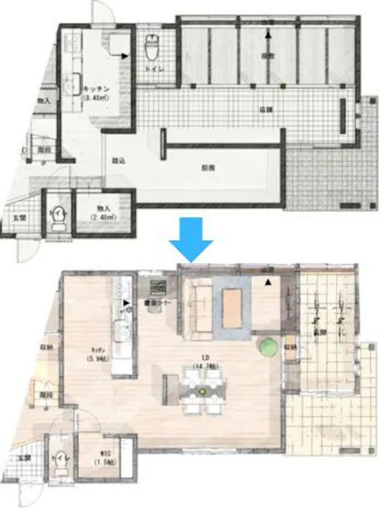 元店舗をLDKと趣味のスペースにリフォームした間取り図