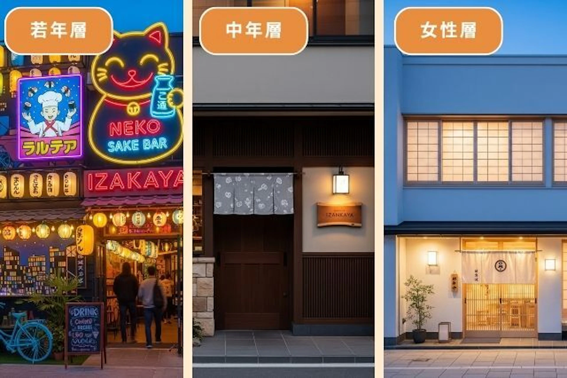居酒屋の外装デザインを選ぶ際には、年齢層や性別など、ターゲット層に合わせたデザインを選びましょう。 年齢層に合わせたデザインの特徴と、具体的なデザイン例は次の通りです。
