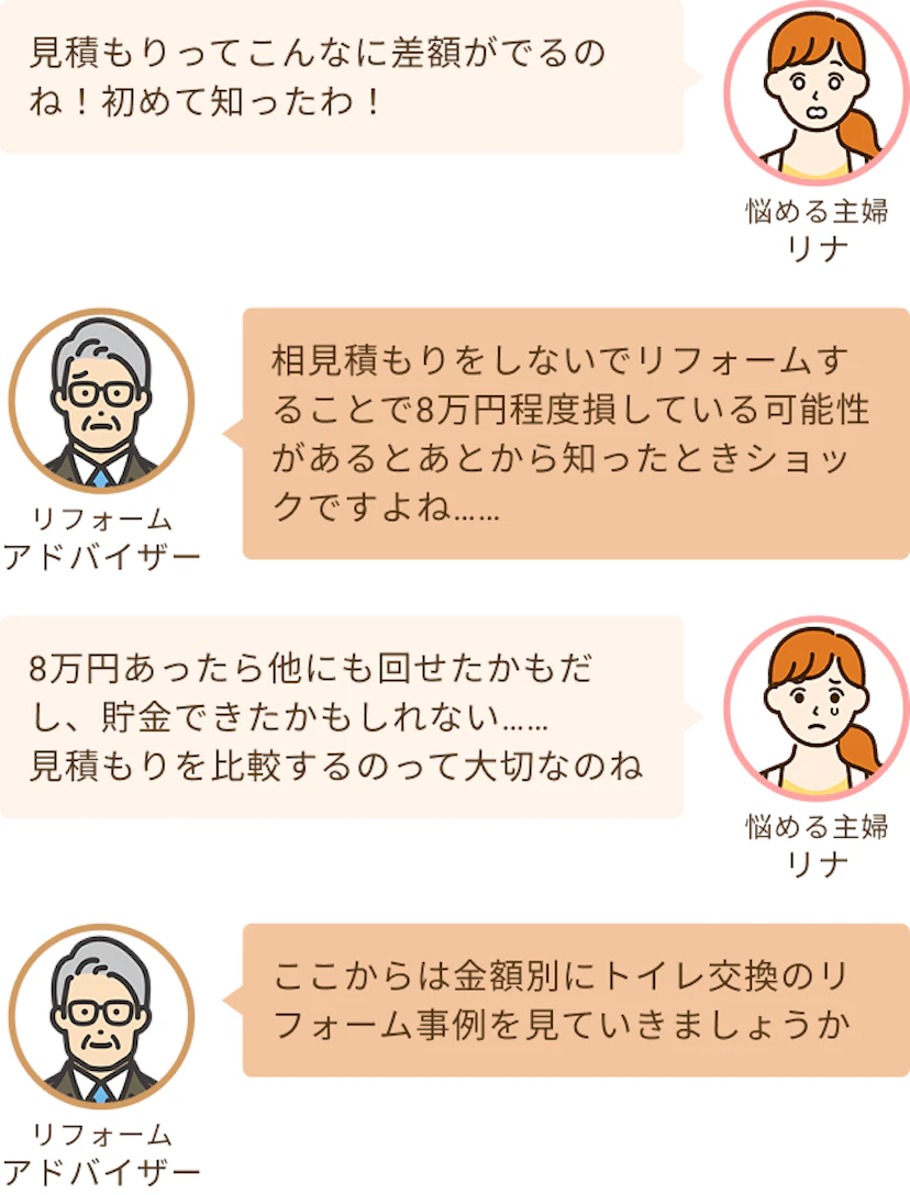 見積もりでこんなにも差額が出るのを始めてしったリナと8万円の差額は結構大きいですねというアドバイザー