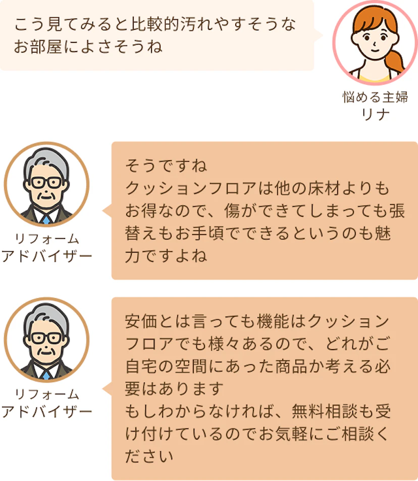 比較的汚れそうなお部屋とかによさそうという主婦のリナとクッションフロアは他の床材よりも安価なため張り替えもお手頃でできるのもいいのでというアドバイザー