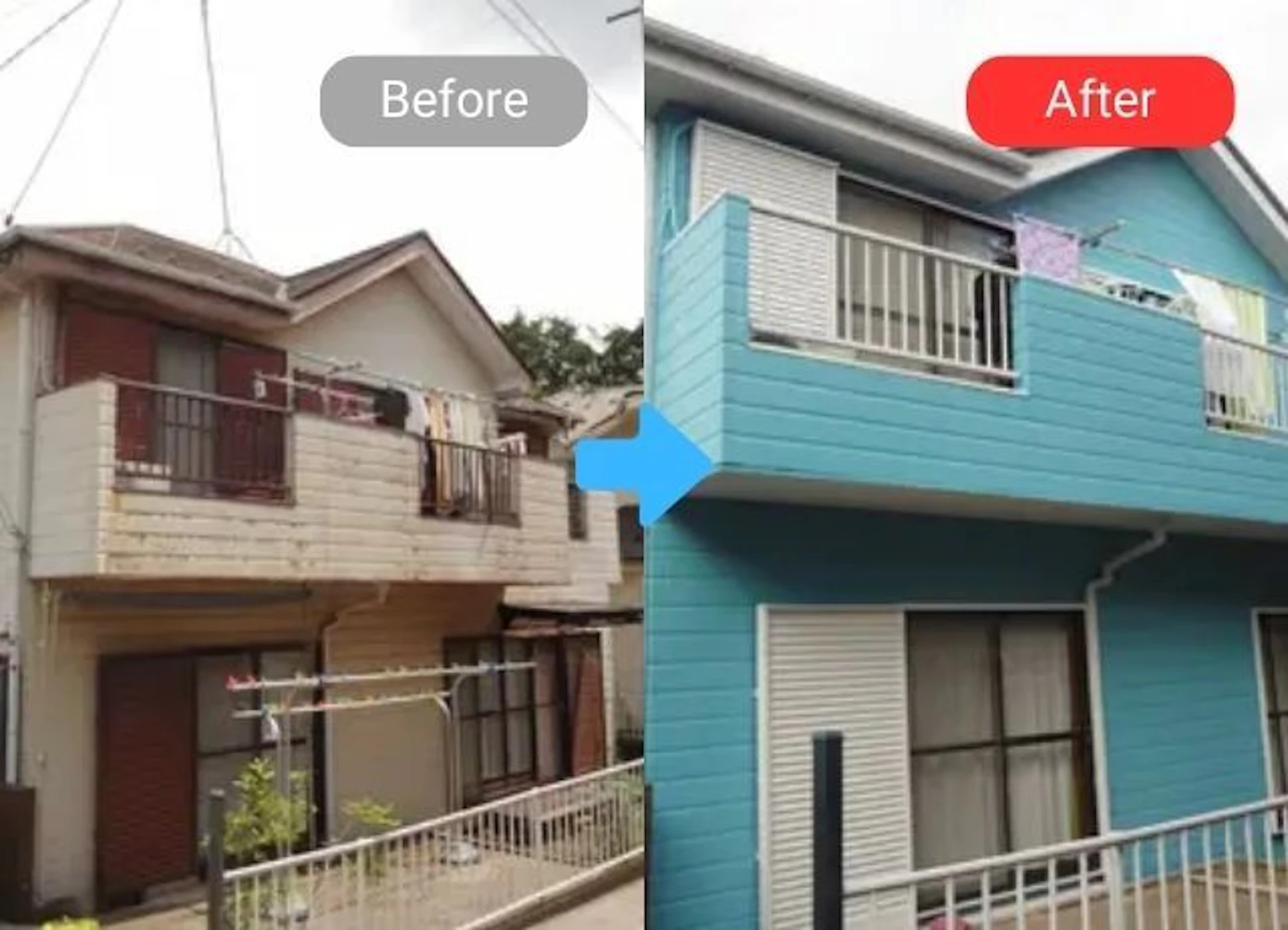 屋根カバー工事、サイディングの一部張替え工事前後を比較した写真