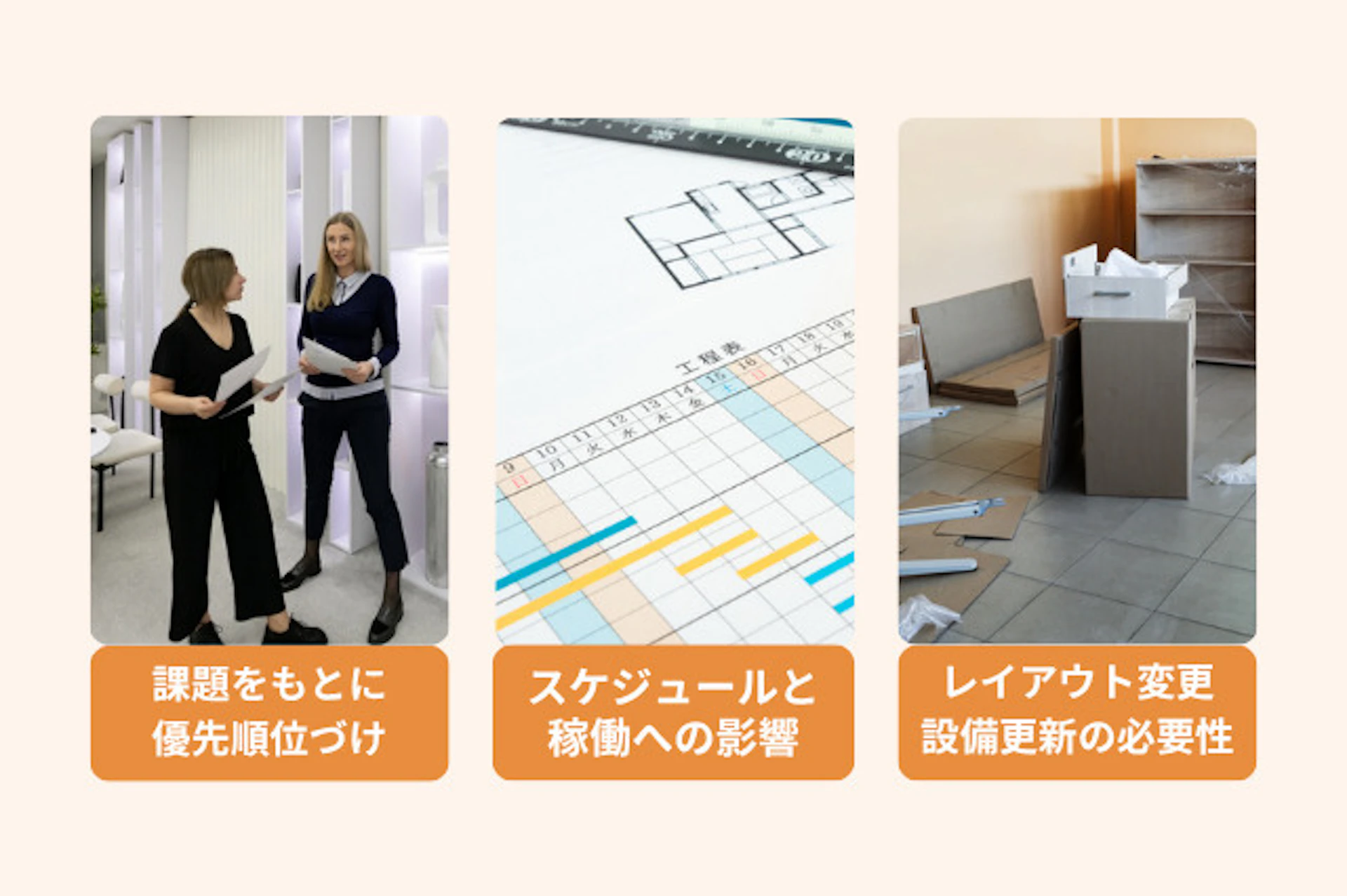 事務所改装を計画するうえで考えなくてはならない点は、現在の課題を洗い出して優先順位付けをする、スケジュールの段取りを綿密に組む。レイアウト変更の必要性などの精査が必要