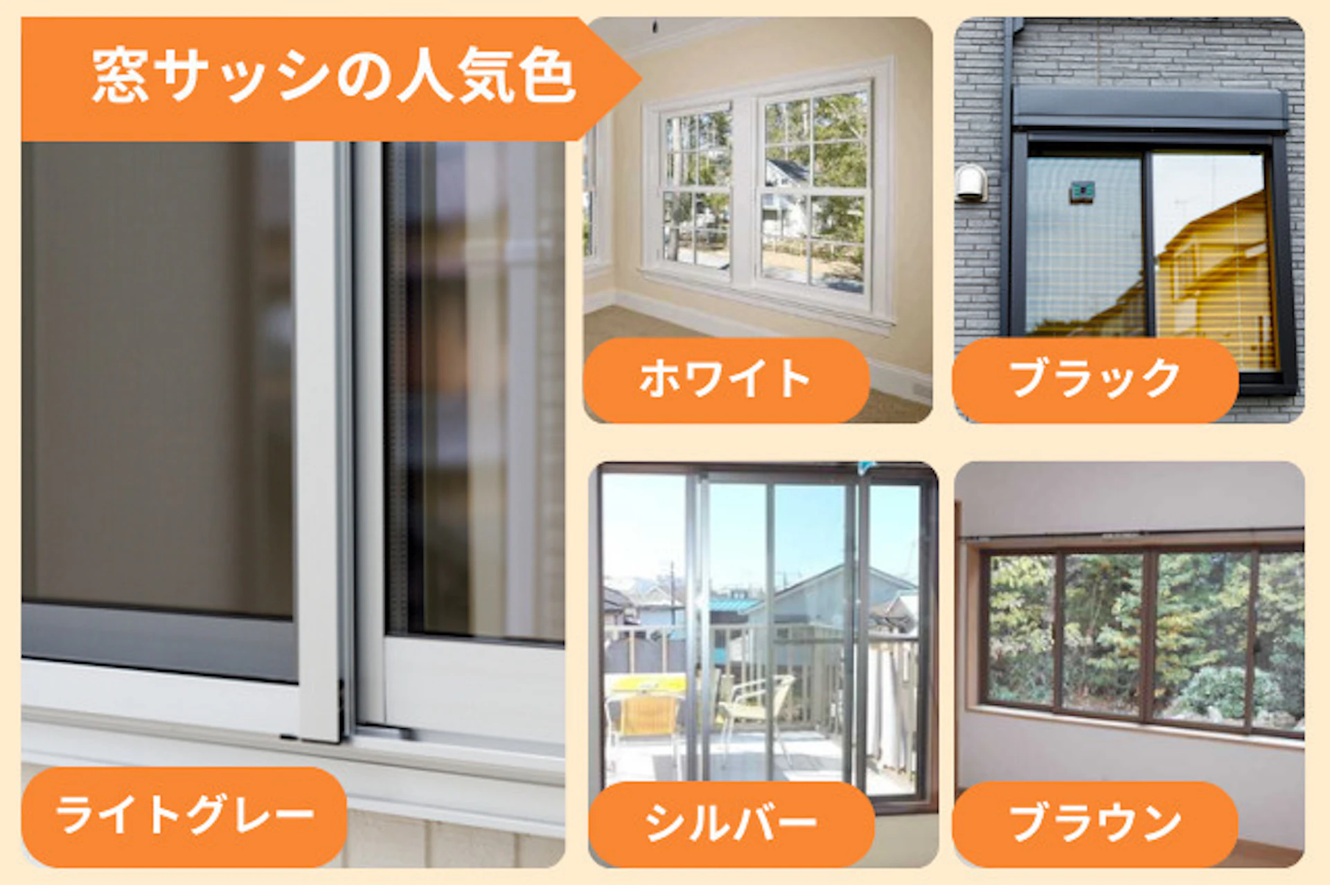 窓サッシの人気色は、ライトグレー、ホワイト、ブラック。シルバー、ブラウンです。