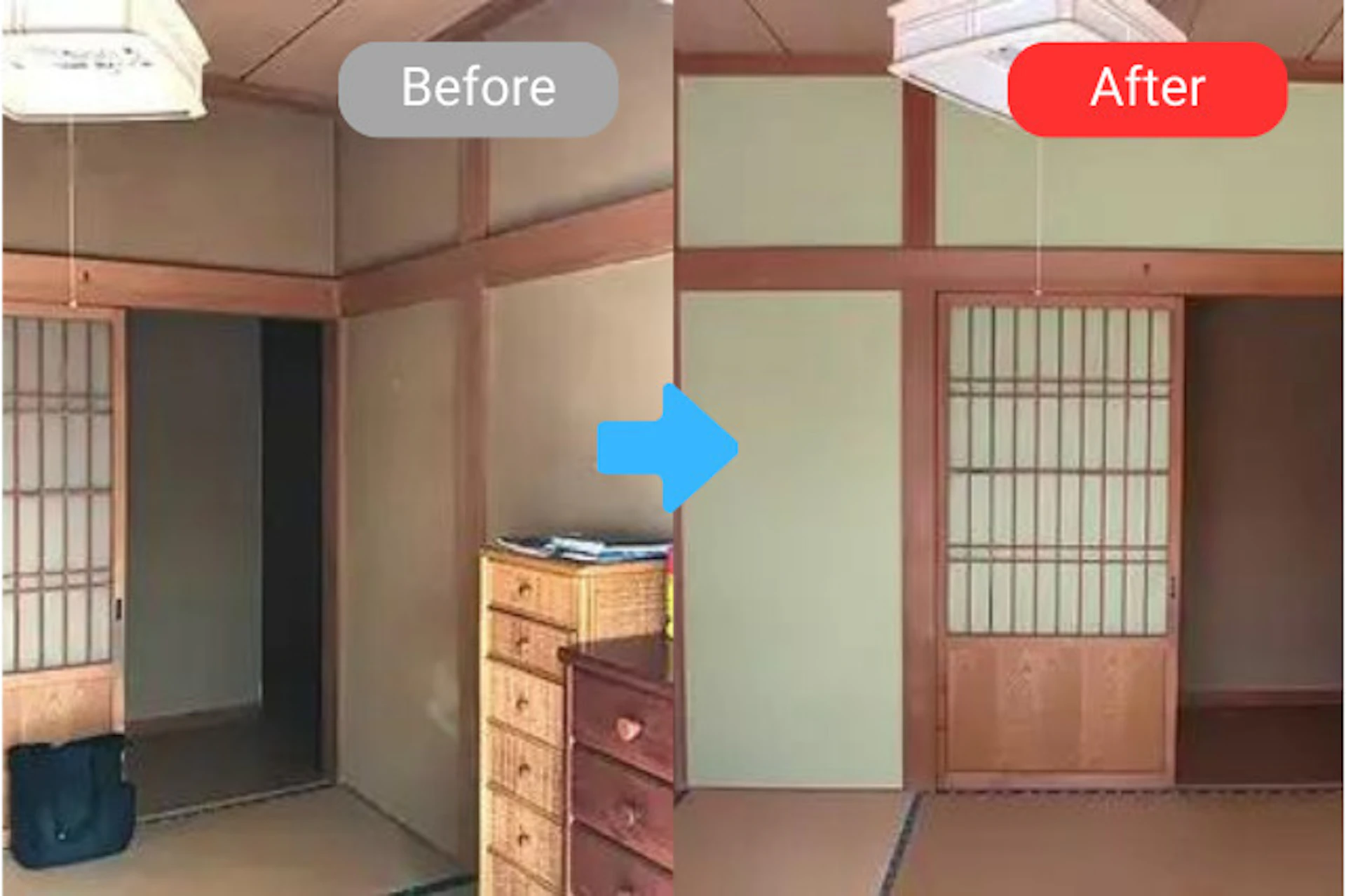 ボロボロの砂壁に、ベニヤ板と壁紙クロスを施工