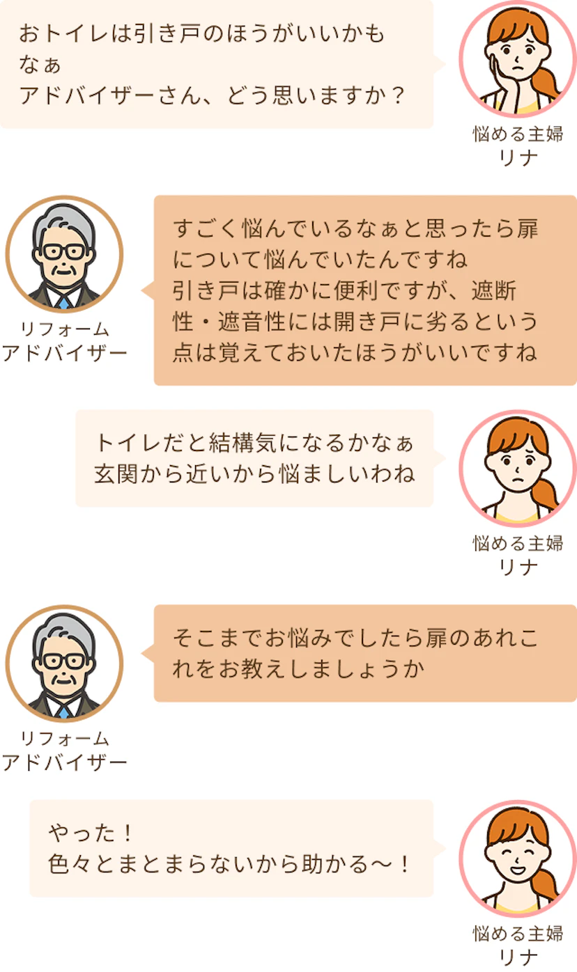 トイレの扉について相談する主婦のリナとあれこれを教えますよというアドバイザー