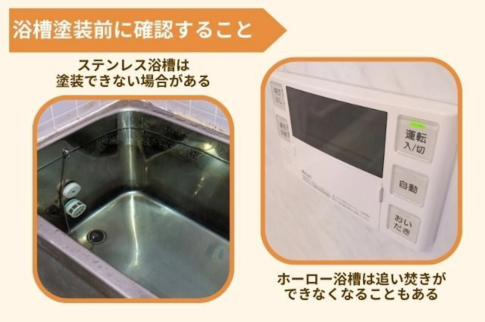 浴槽塗装前に確認すること ステンレス浴槽は塗装できない場合がある ホーロー浴槽は追い焚きができなくなることもある