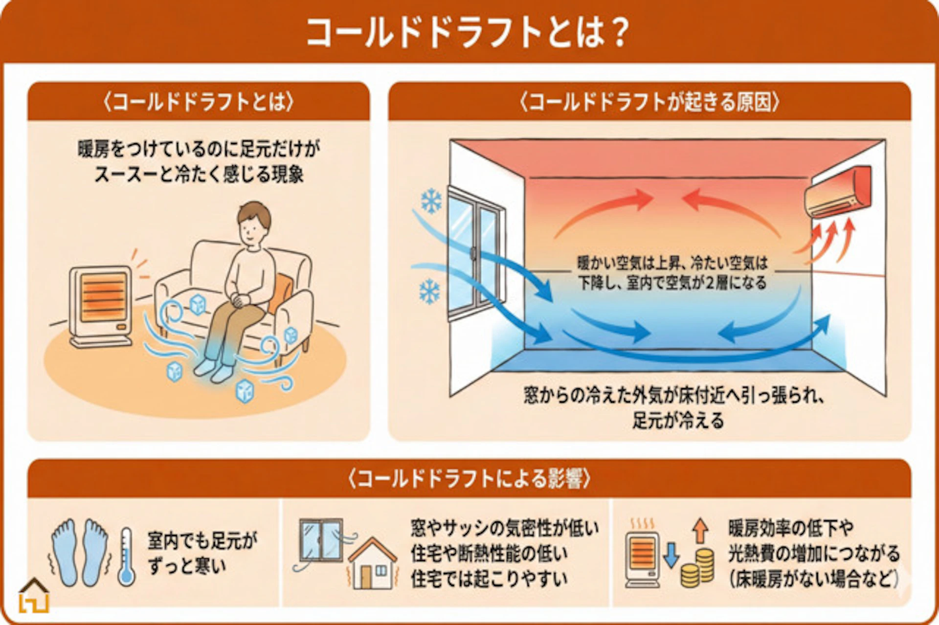 コールドドラフトとは、暖房をつけているのに足元だけがスースーと冷たく感じる現象です。